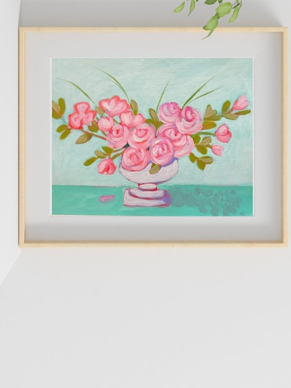 Pink Floral Still Life Painting - Pink Roses in Vase  Turquoise background